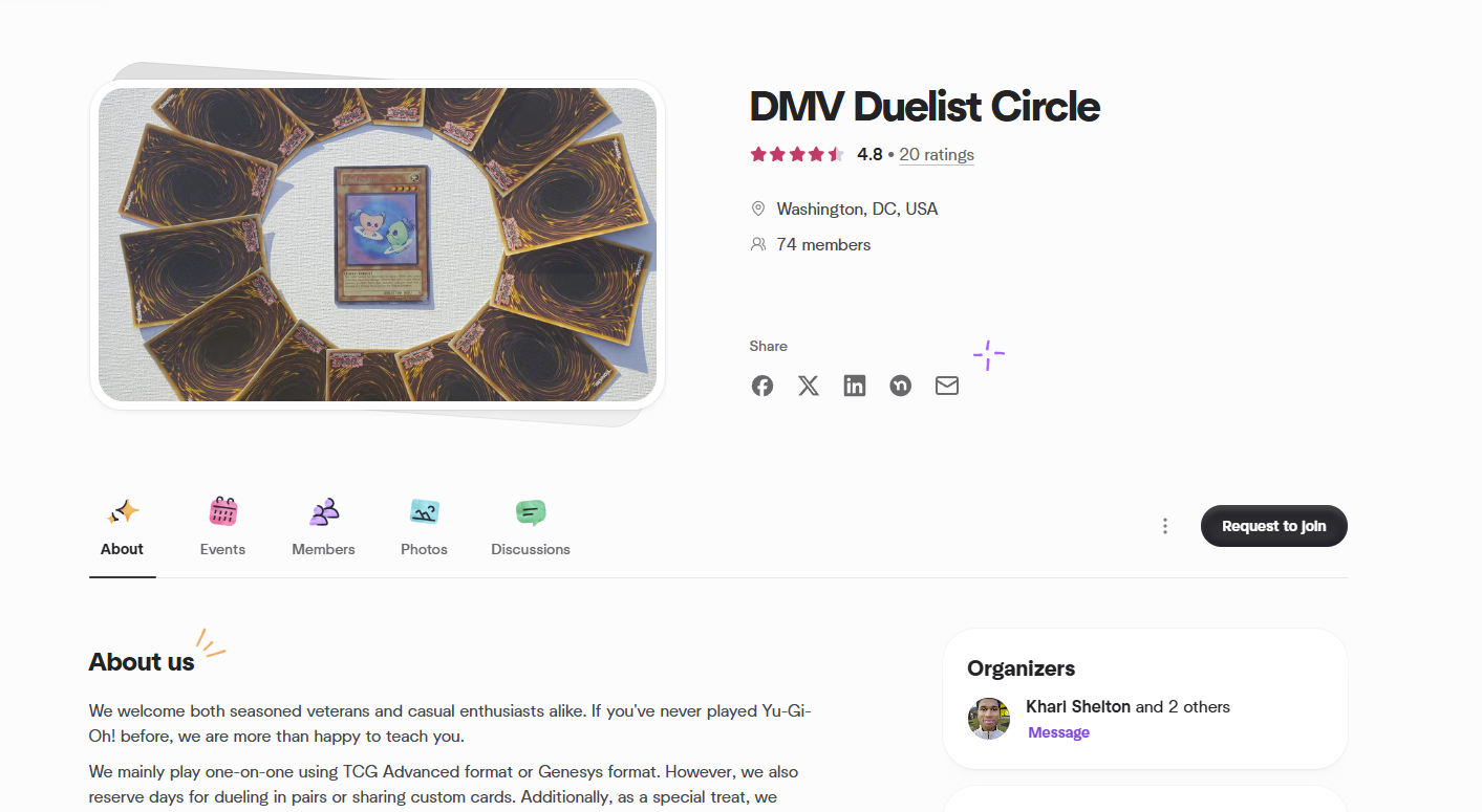 Screenshot of the DMV Duelist Circle group page